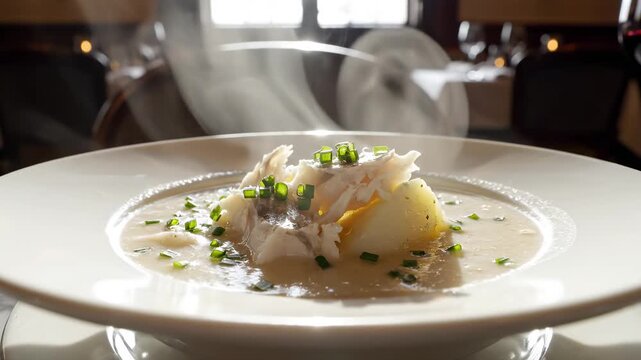  Hot steaming Cullen Skink smoked haddock soup in white bowl. Bright cinematic lighting on marble table. Scottish food concept.