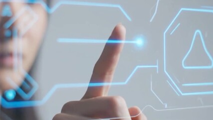 Close-up of a human finger touching a futuristic transparent screen with glowing blue user interface - Powered by Adobe