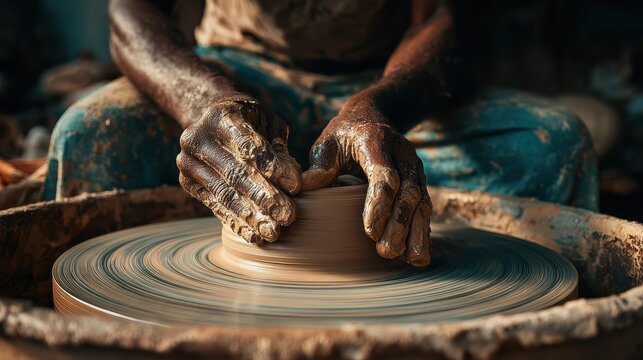 Mature Man Crafting Clay Pot on Pottery Wheel in Workshop - Powered by Adobe