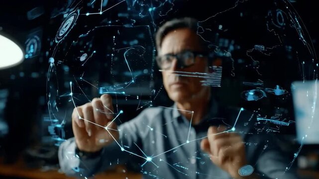 Medium shot capturing a financial expert interacting with quantum computing systems to optimize loan assessment accuracy.