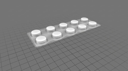 Blister Pack of Ten White Round Pills on a Gray Grid Surface tablets medicine