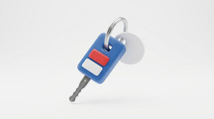 Blue Car Key Fob with Red and White Buttons and Metal Key on White Background automobile vehicle