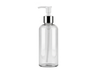 Clear plastic soap dispenser with pump isolated on transparent background