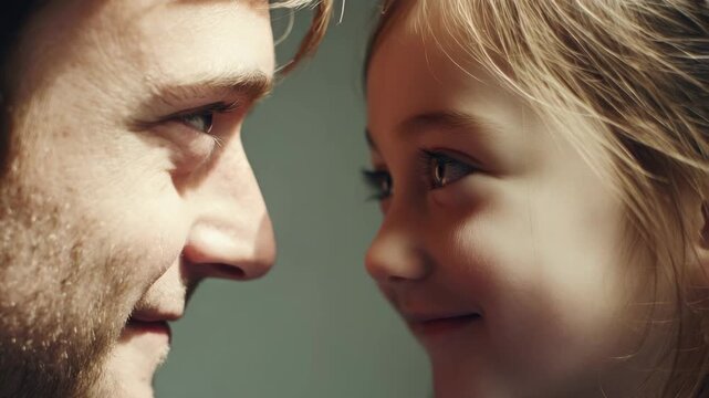 Father and daughter share a tender moment, foreheads touching in a close-up embrace