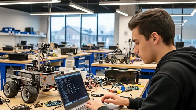 Young student programming robot in the laboratory for the concept of technology and learning.