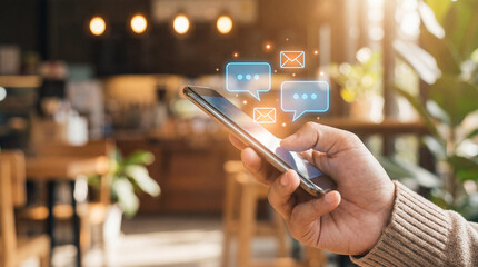 Person using smartphone in cozy cafe, with digital message icons floating above screen, indicating communication and connectivity. warm lighting adds relaxed atmosphere