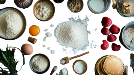 Flat lay of baking ingredients and pancakes