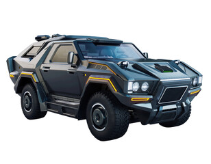 Futuristic armored vehicle with angular design and LED lights, showcasing robust and high tech appearance. vehicle features heavy duty tires and sleek, metallic finish, exuding strength