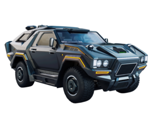 Futuristic armored vehicle with angular design and LED lights, showcasing robust and high tech appearance. vehicle features heavy duty tires and sleek, metallic finish, exuding strength
