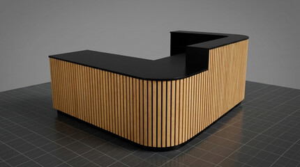 Modern L- Shaped Reception Desk with Vertical Wood Slats and Black Countertop Keywords: angular, black, business, clean, contemporary, counter, desk, design, furniture