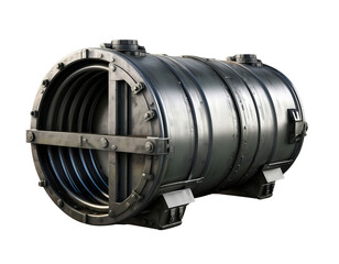 Large industrial metal cylinder with robust design, featuring bolts and reinforced structure, possibly used for heavy duty applications or machinery. metallic surface reflects light, highlighting