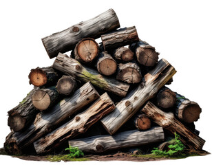 Stack of cut logs is arranged in pile, showcasing natural texture and rings of wood. logs are weathered, with some moss and greenery at base, indicating outdoor setting