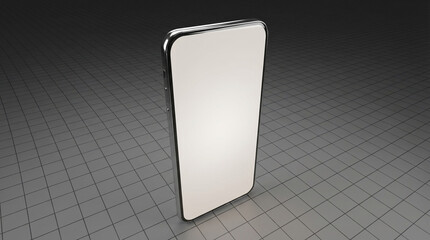 Modern Smartphone with Silver Bezel and Blank White Screen on a Gray Grid Surface Keywords: smartphone, mobile phone, cell phone, device, technology, gadget