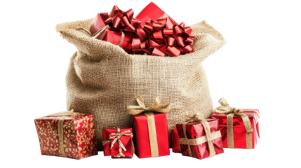 Christmas gift bag with presents, festive decorations, isolated on transparent background