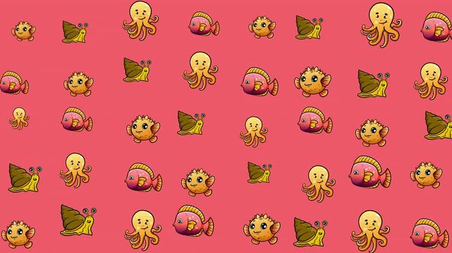 Sea creatures pattern on pink background, suitable for childrens design projects, apparel, and stationery products. Great for oceanthemed marketing materials.