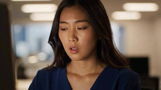 Professional Asian woman experiences a moment of profound shock and realization in an office, her expression reflecting an unexpected and concerning event unfolding