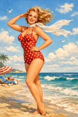 Lively retro illustration of a blonde woman in a red polka dot swimsuit posing on a palm lined shore, perfect for nostalgic beach advertising, posters, and fun decor projects.