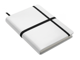 Closed white notebook with black elastic band isolated on transparent background