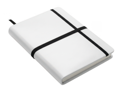 Closed white notebook with black elastic band isolated on transparent background - Powered by Adobe