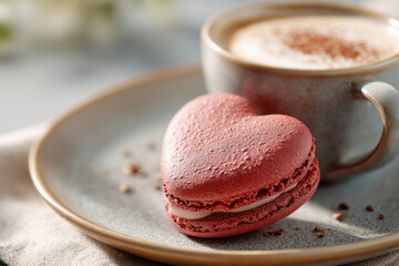 Heart Shaped Pink Macaron on Plate with Cappuccino Cup Valentine Dessert