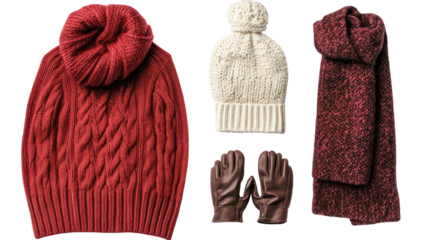 Winter accessories collection: knit hats, scarves, gloves set