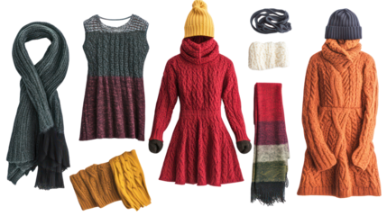 Cozy winter knitwear collection: scarves, hats, gloves, sweaters on transparent background