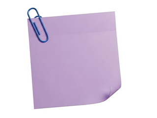 Purple post-it note with blue paperclip isolated on transparent background