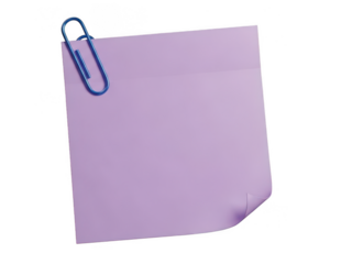 Purple post-it note with blue paperclip isolated on transparent background
