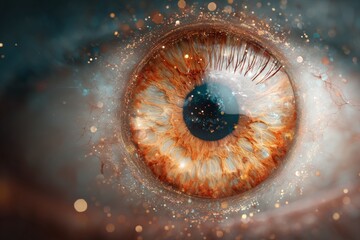 Exploration of a detailed eye showcasing colors and patterns in an imaginative setting with bright sparkles
