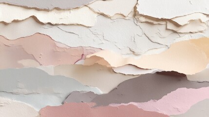 Torn paper layers in soft colors displayed on a flat surface during the day