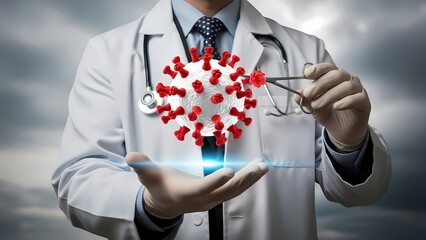 Doctor holding a 3d model of the coronavirus with surgical tweezers.
