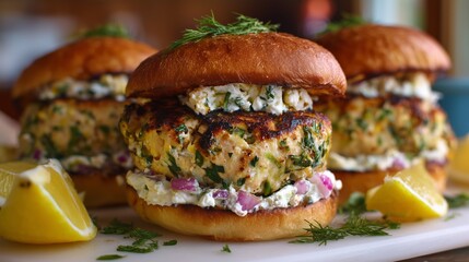 Grilled salmon burgers with herbs served with lemon wedges and fresh toppings in a casual dining setting