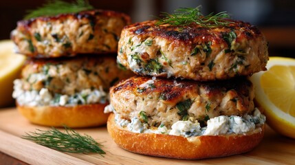 Fresh salmon burgers served with herbs and lemon on a wooden board