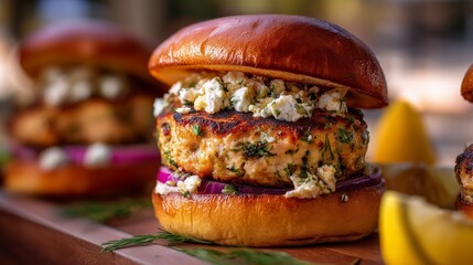 Fresh fish sandwich with toppings served on a wooden board with lemon slices at a casual outdoor dining event