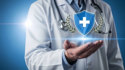 Doctor holding a shield icon with a cross and laurel wreaths in an outstretched hand.