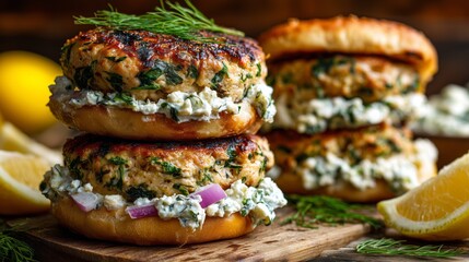 Homemade salmon burgers with herbs served on a wooden board with lemon slices