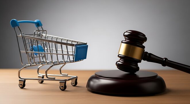 Miniature shopping cart facing a wooden judge gavel symbolizing consumer protection law legal issues concerning marketplace purchases and commerce disputes
