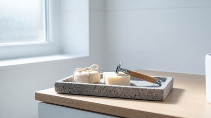 Sustainable Shaving Kit with Wooden Safety Razor and Natural Soap Bars on Stone Tray