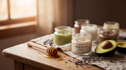 Variety of Homemade Natural Face Masks with Avocado and Honey on a Rustic Wooden Table