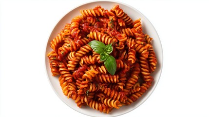 Twisted pasta served in a white bowl with tomato sauce and basil on top during dinner time