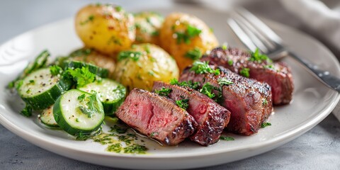 Delicious steak served with potatoes and cucumber on a white plate in a bright kitchen setting