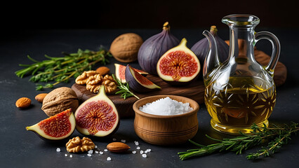 A beautifully arranged still life of fresh figs, nuts, and olive oil