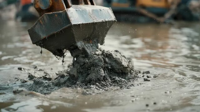 Closeup medium shot of a dredging machine scooping up underwater soil focusing on sediment extraction and water clarity.