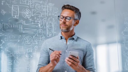 Focused businessman with digital tablet and marker analyzing data and drawing diagrams on glass wall in contemporary workspace. Innovative leader developing solutions for corporate growth and success