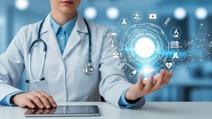 Doctor holds a tablet and interacts with a glowing digital interface showing medical icons.