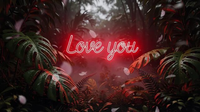A 'Love you' neon sign glows red in a mystical, foggy jungle with tropical foliage and falling petals, creating a romantic Valentine's Day background.