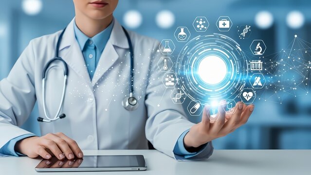 Doctor holds a tablet and interacts with a glowing digital interface showing medical icons. - Powered by Adobe
