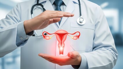 Doctor in a white coat gently cradles a glowing red digital representation of the female uterus.