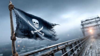 A weathered pirate flag flutters in the twilight sky, evoking mystery and adventure