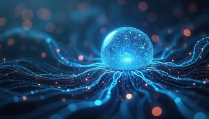Sphere lights glow with data streams in abstract rendering. Big data cloud computing shows future digital tech. Concept illustrates data science, machine learning, AI. Neural networking with dots
